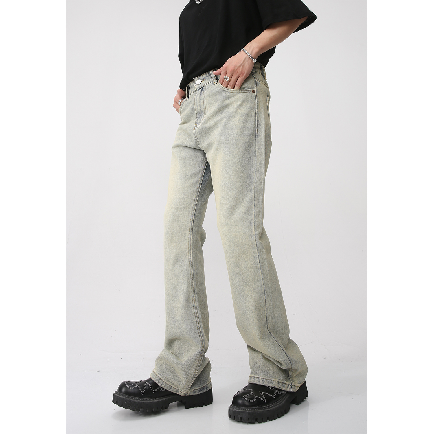 Ropa para hombre MTLCLOTHES | Pantalones vaqueros ajustados acampanados estilo coreano clásico, populares, retro, color amarillo barro, desgastados y desteñidos