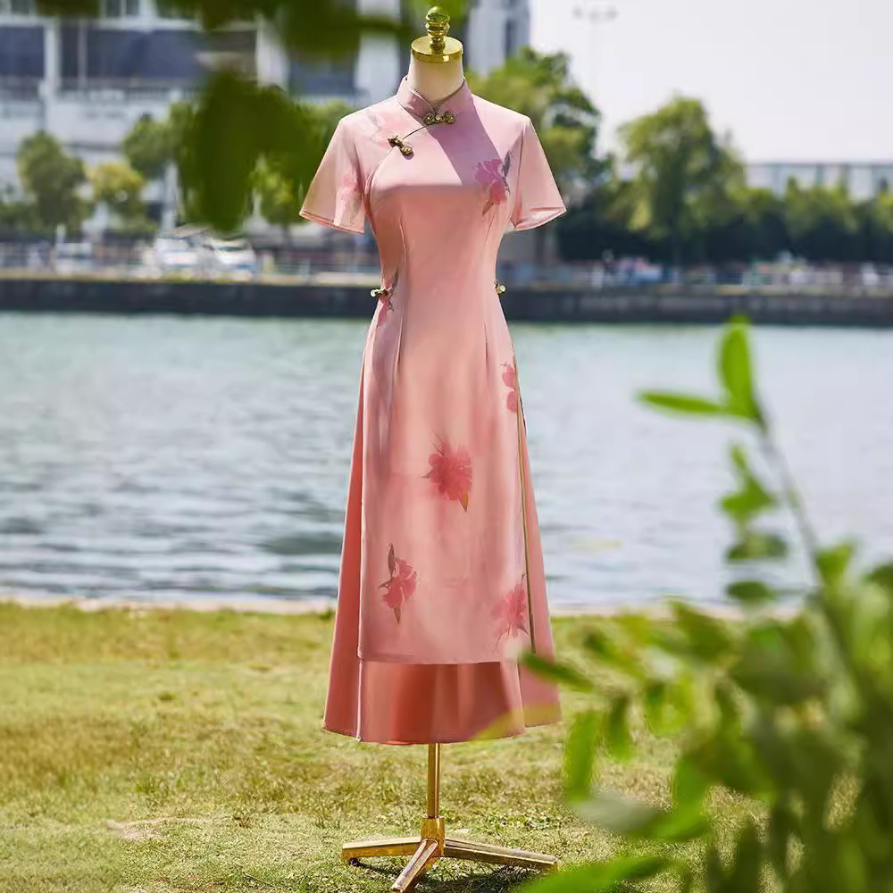 粉色奥黛改良旗袍2024新款高端日常年轻款少女茶服夏季百搭连衣裙