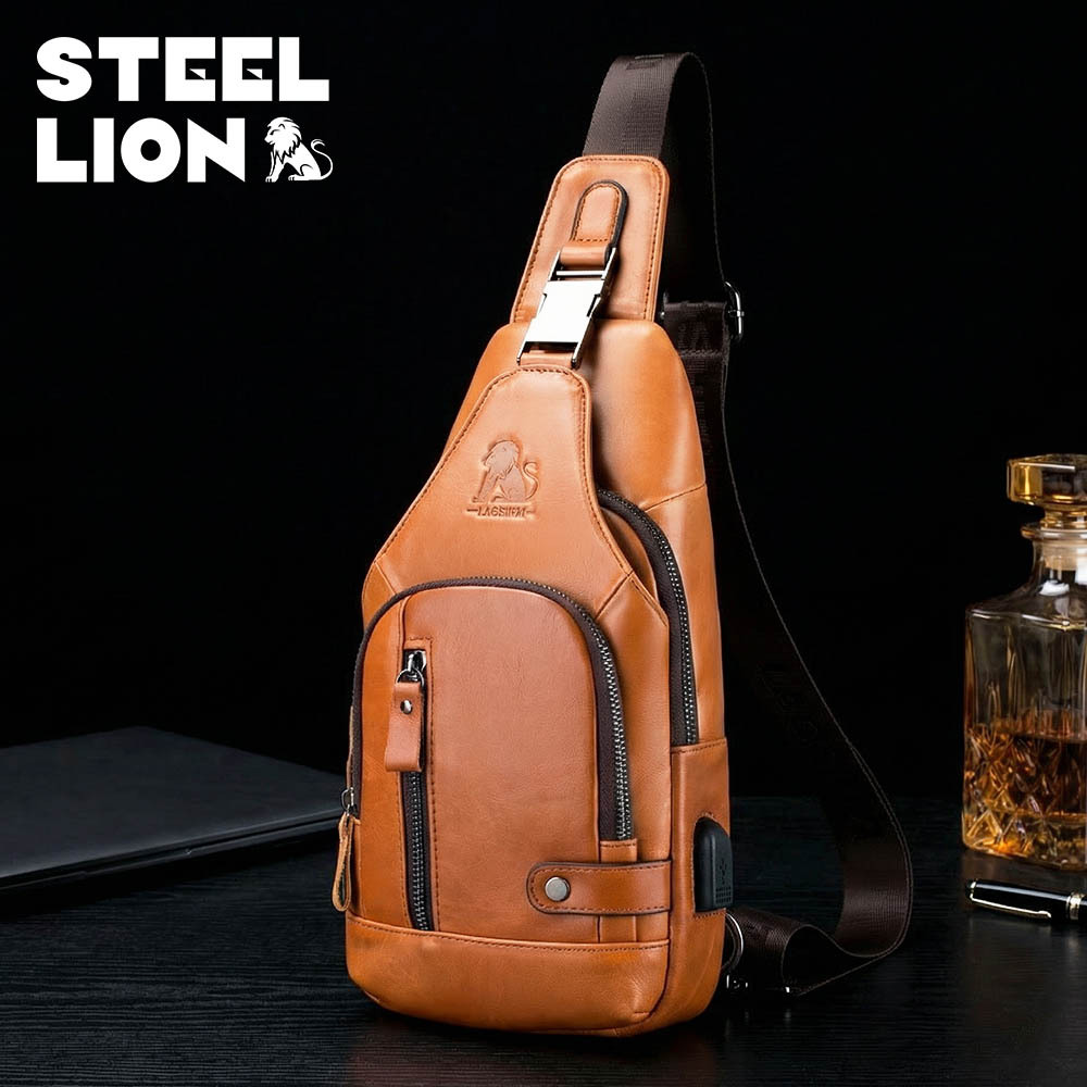Steel Lion Men's Genuine Leather Chest Bag Casual Shoulder Crossbody Bag Large Capacity USB First Layer Cowhide Front Shoulder Bag