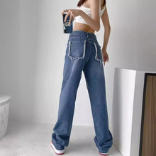 美式INS复古做旧牛仔裤女新款个性磨毛口袋高腰宽松牛仔阔腿长裤
