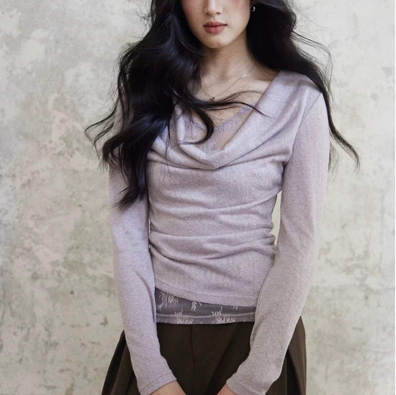 Er Yang [Yu Qin] Fake Two-Piece Swing Collar Lace Patchwork Slim Fit Long Sleeve Purple Sweater