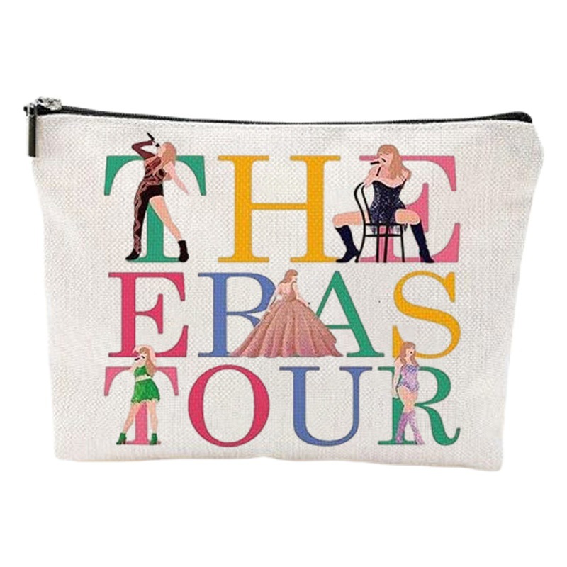 Bolsa de cosméticos Taylor de Amazon transfronteriza con estampado de letras, bolsa con cremallera impresa de doble cara de lino, almacenamiento impermeable para mujer
