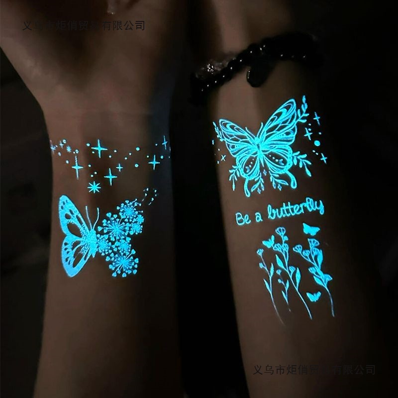 小红书抖音同款唯美蝴蝶夜光纹身贴纸演唱会荧光蕾丝星星月亮脸贴