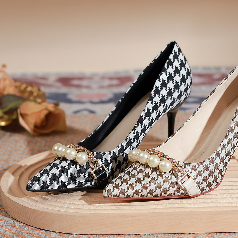 Xiao Xiangfeng High Heels Spring Pointed French Single Shoes Thousand Bird Plaid Temperament Celebrity Fine Heel Bridesmaid Shoes_voghion.com