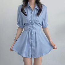 连衣裙2024新款束腰显瘦POLO领衬衣短裙小众设计感温柔系绑带裙