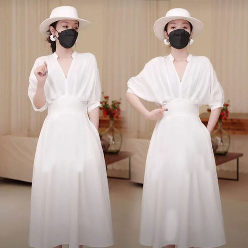 [Four-sided elastic fabric] High-end French light luxury dress, female niche design, waist waist style, fashionable white shirt