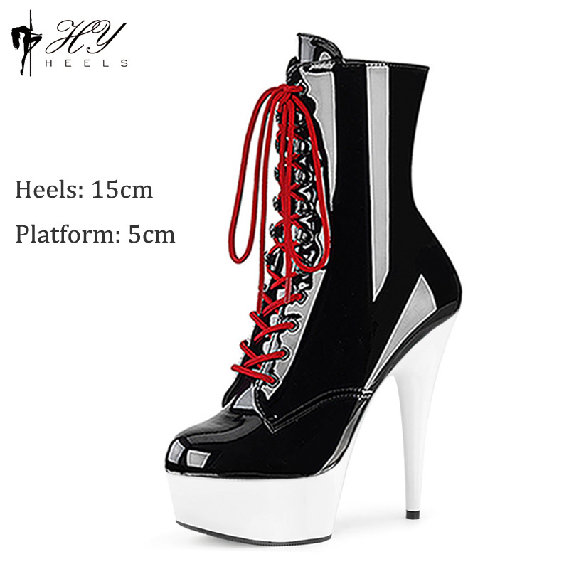 Giày cao gót boot ngắn nữ dây buộc gót siêu cao 15cm — Màu đen, Màu hồng, Màu trắng, Màu mơ chi tiết 7