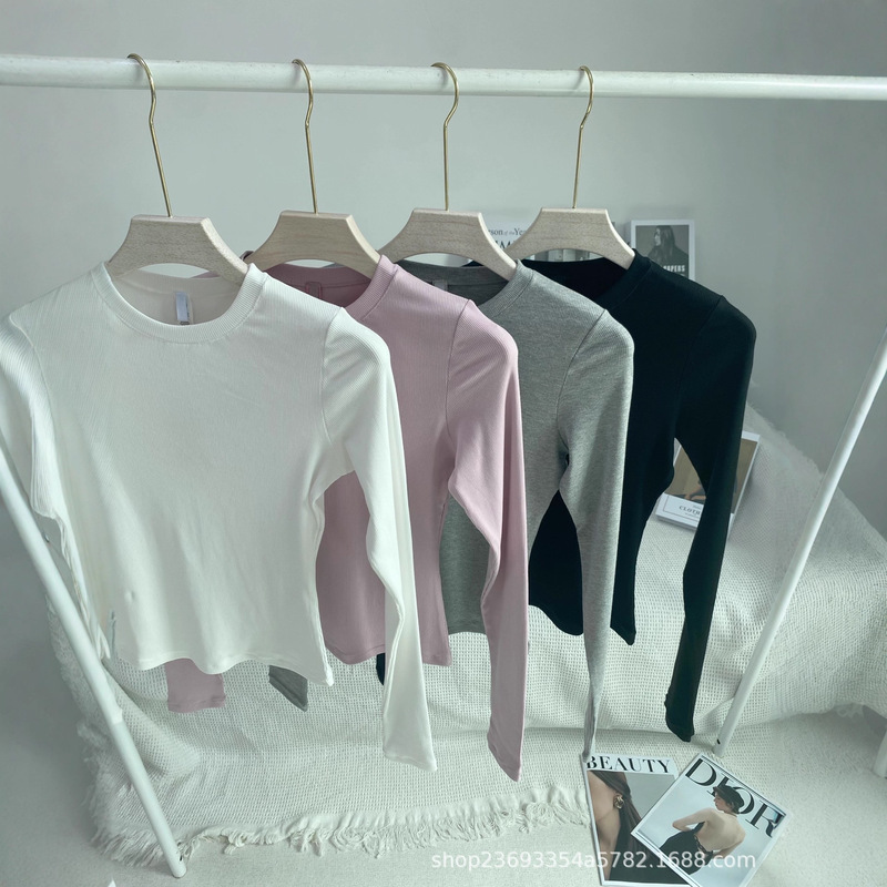 Kardashian Skims Ribbed Cotton Short Stretch Slim Round Neck Long-Sleeved T-Shirt Autumn and Winter Single Wear Bottoming Top for Women Kardashian Skims Ribbed Cotton Short Stretch Slim Round Neck Long-Sleeved T-Shirt Autumn and Winter Single Wear Bottoming Top for Women