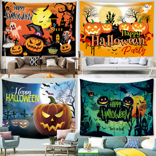 Amazon Digital Printing Halloween Tapestry/Wall Blanket Decorative Background Cloth Shop Scene Layout Pumpkin Flag
