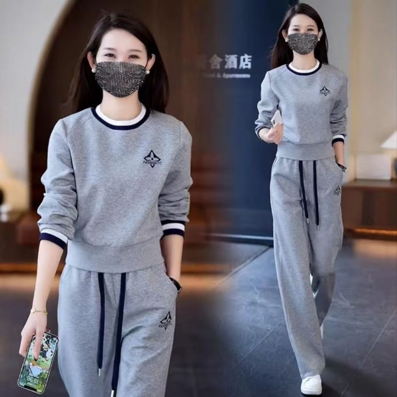 休闲运动套装女2025春秋新款韩版圆领宽松加绒加厚卫衣时尚两件套|undefined