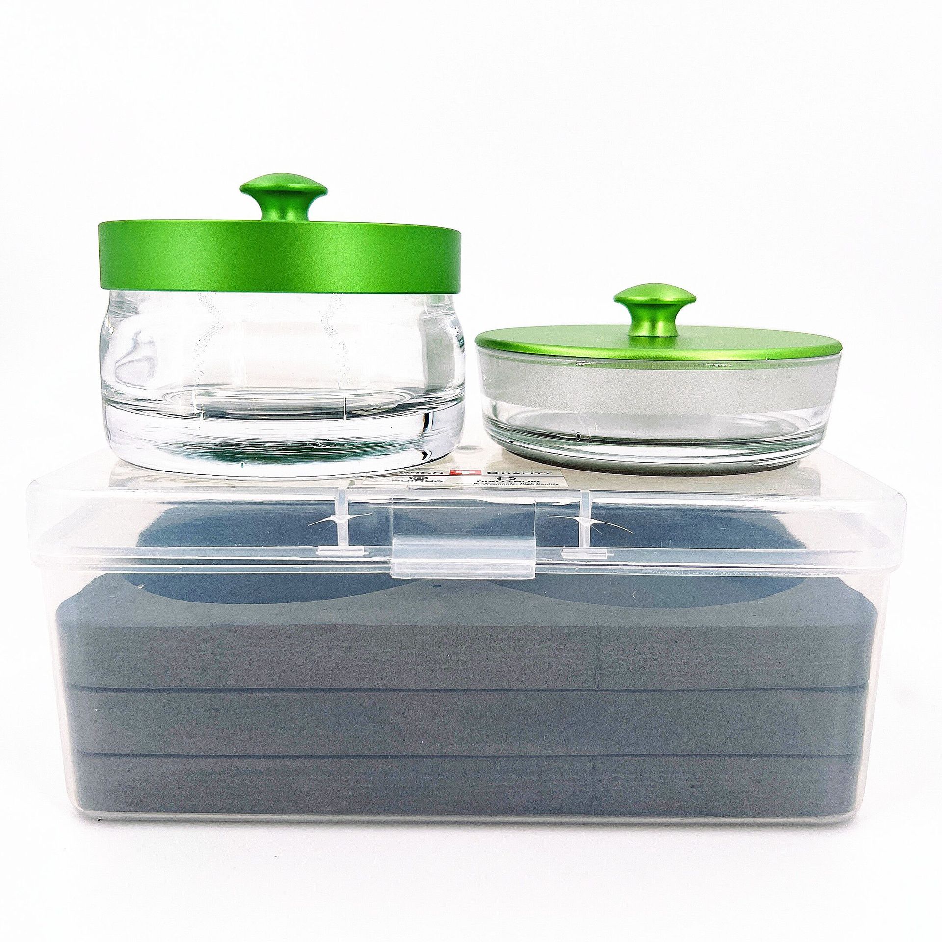 修表工具 手表维修 扁圆型加厚玻璃洗油缸汽油缸 绿盖缸 一套两个