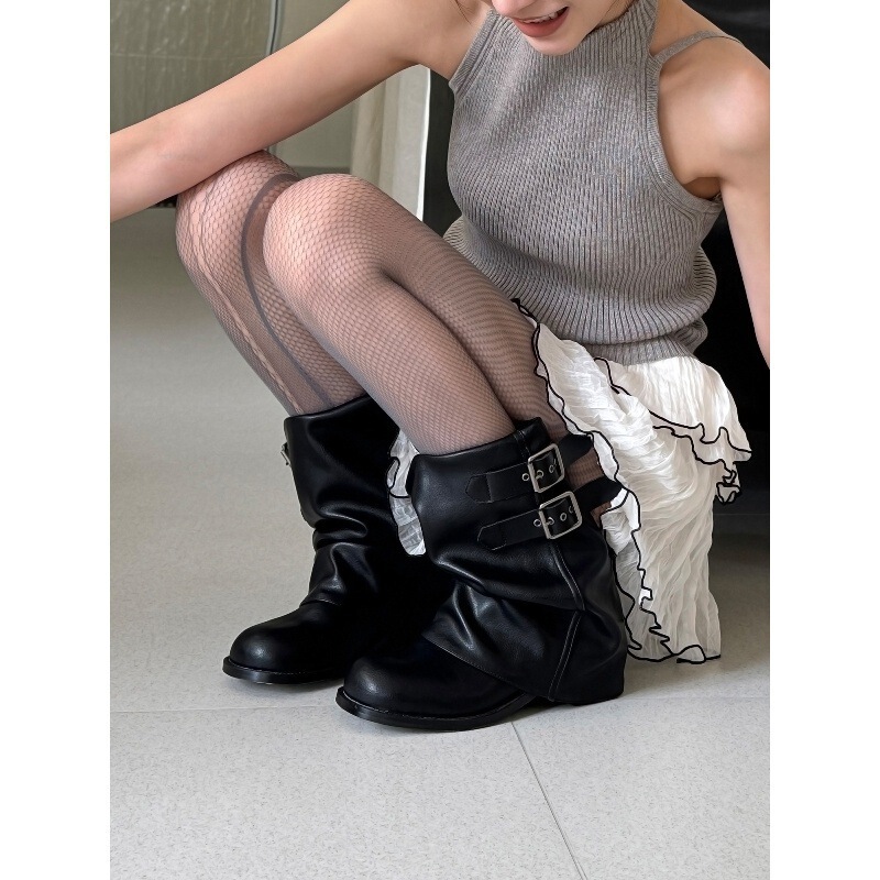 黑色靴子女夏天废土风2025新款巨好看草原配裙子的裤管靴|undefined