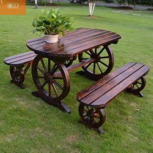 Casual Garden Balcony Open-Air Combination Retro Tea Dining Table and Stools Carbonized Anti-Corrosion Solid Wood Table and Chair Set Outdoor Courtyard
