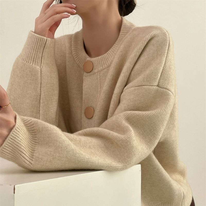 毛衣女圆领2025秋冬季新款韩版设计感单排扣纯色休闲针织开衫外套|undefined