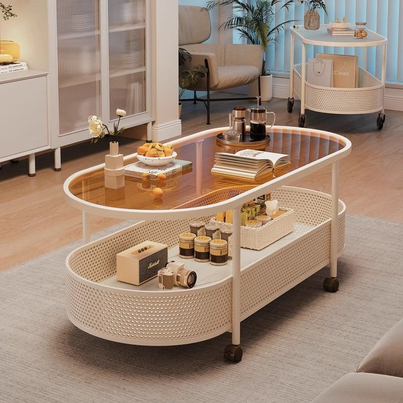 Movable Living Room Small Coffee Table, Small Apartment Side Table, Living Room Glass Table Storage, Wrought Iron Trolley, Beauty Salon