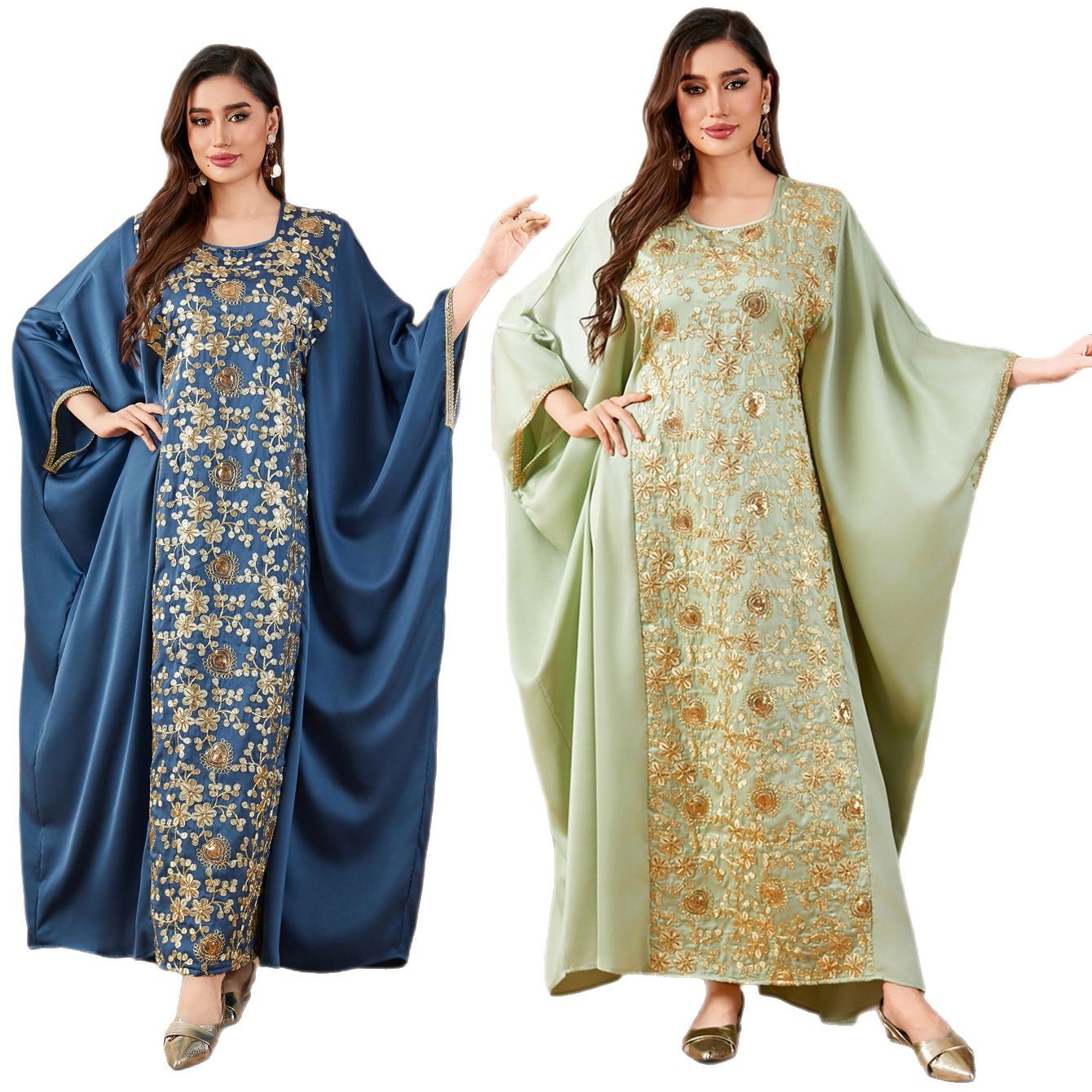 6607 Middle Eastern Arab Fashion Sequined Heavy Embroidery Dress With Bat Sleeves, Waist-cinching, Loose-fitting Robe_voghion.com