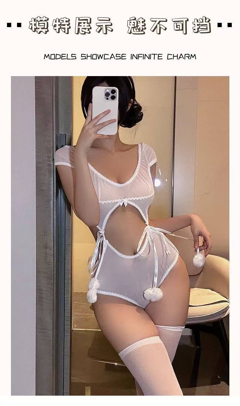 Bunny Girl Bodysuit Costume Set with Ears and White Stockings, Grey Sheer Polyester — detail image 7