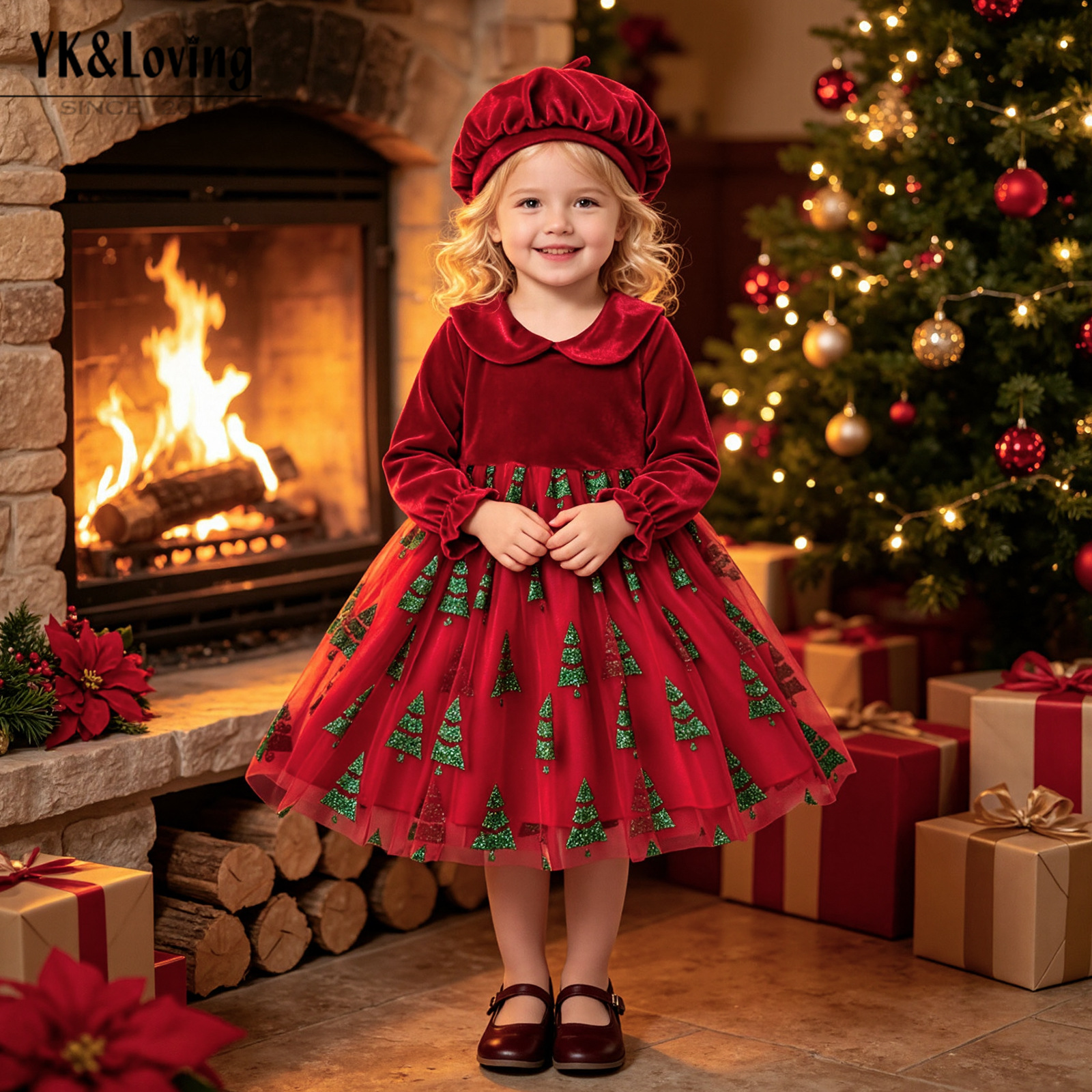 Girls' Christmas Velvet Dress with Doll Collar, Christmas Tree Mesh Princess Dress, Baby Holiday Photography Gown Wholesale