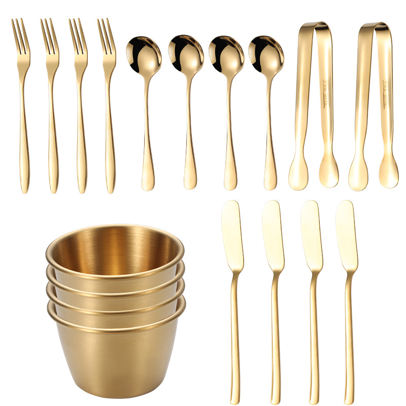 Traje de espátula de mantequilla de queso de acero inoxidable de Venta caliente transfronteriza mini clip de servicio cuchara Tenedor taza de salsa de inmersión conjunto de 18 piezas
