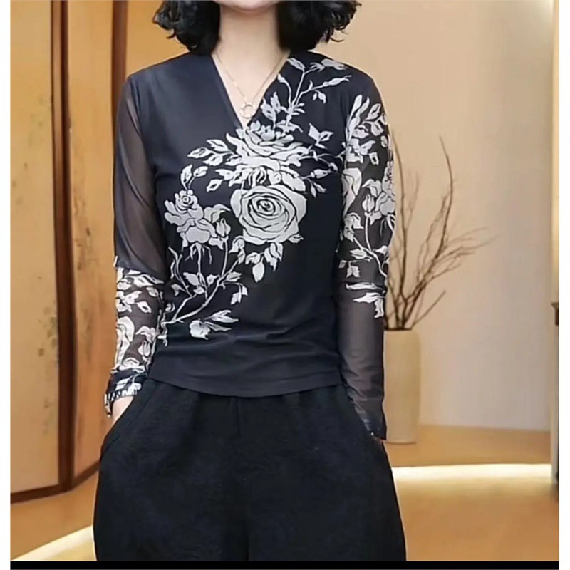 One-piece drop shipping, unique spring and autumn mesh V-neck top, women's long-sleeve base shirt, new stylish and chic blouse