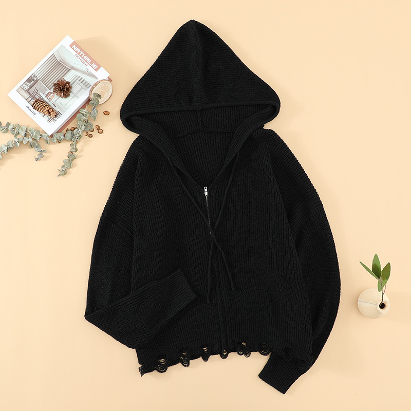 时颖欧美毛衣女秋装2021新款纯色破洞拉链休闲连帽针织开衫外套女