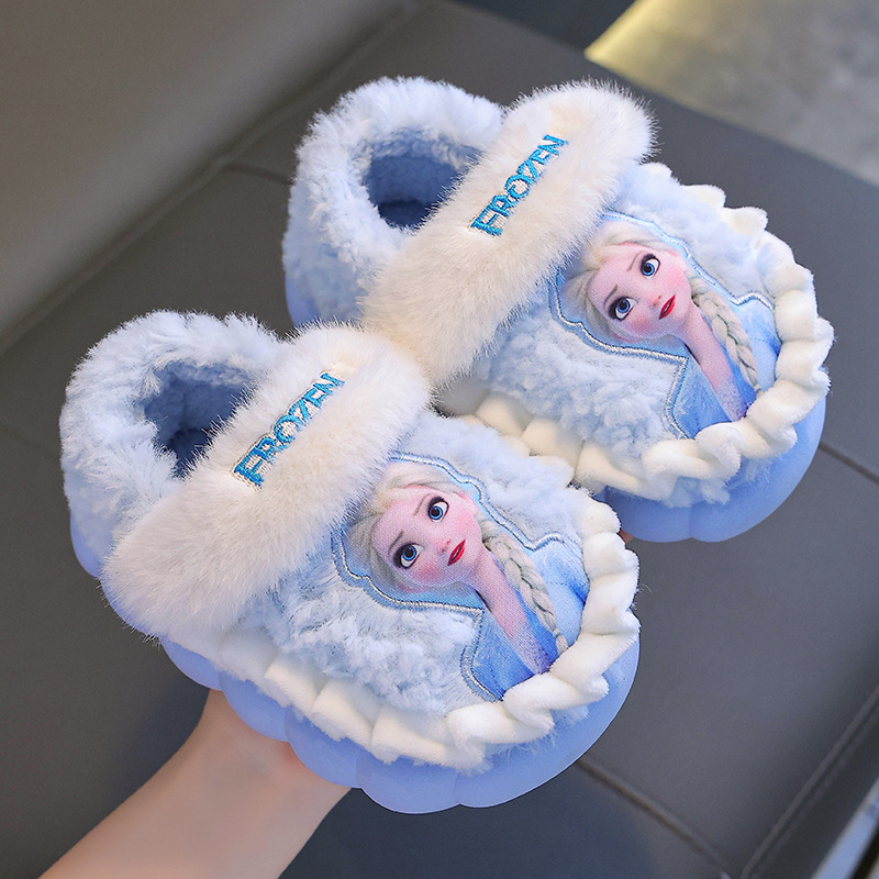 Princesa Elsa otoño y invierno bolsas de niños zapatos de tacones de algodón para niñas calentamiento y pelusa en casa zapatillas de algodón para niñas con suela gruesa