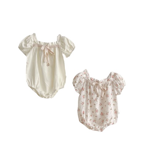 Summer Newborn Baby and Children's romper with small floral bow, for girls, bubble sleeve, diaper cover, crawling suit