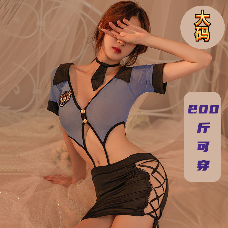 Female Police Uniform Cosplay One-Piece Suit Sexy Hollow-Out Lace-Up Lingerie Secretary Bodycon Skirt Hot See-Through V-Neck Female Police Uniform Cosplay One-Piece Suit Sexy Hollow-Out Lace-Up Lingerie Secretary Bodycon Skirt Hot See-Through V-Neck