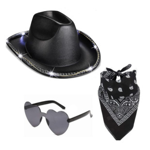 Halloween Party Black Bronzing Cloth with Lights Cowboy Hat Glasses Square Scarf Set Halloween Cowboy Hat with Lights