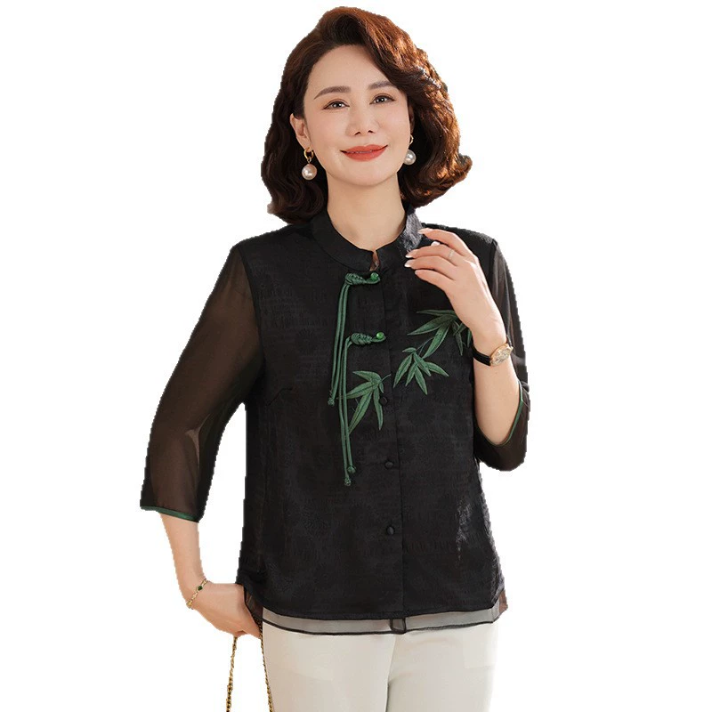 Новая шифоновая рубашка средней длины для мам в китайском стиле, модная летняя футболка для женщин среднего и пожилого возраста, топ с вышивкой в ​​китайском стиле для 50-летних