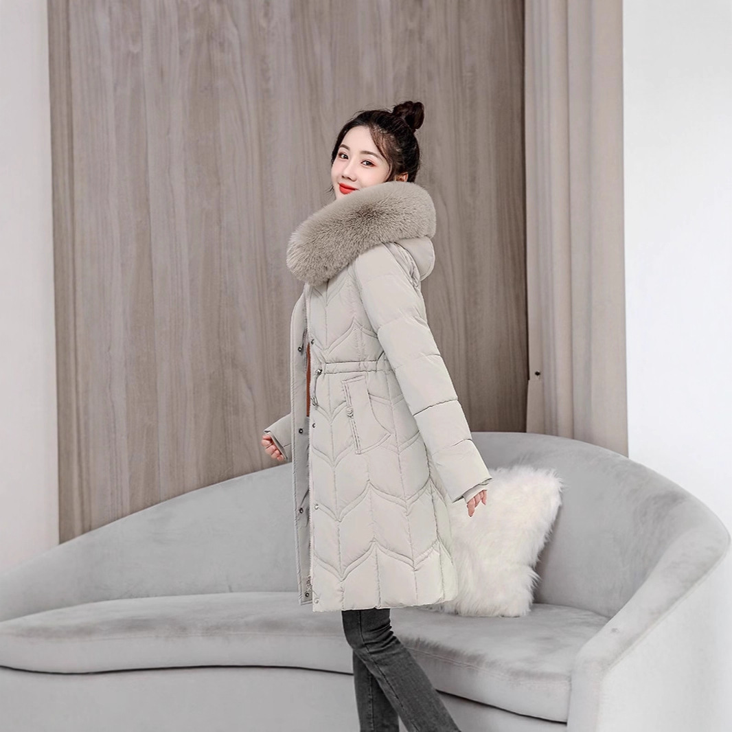 2025 nueva moda de invierno de mujer cintura retraída cuello de cabello espeso exterior abrigo de algodón caliente