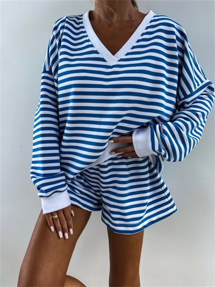 Summer New Women's Casual Striped Long Sleeve V-Neck Loose Top Sports Shorts 2-Piece Set For Women_ecoleips.com