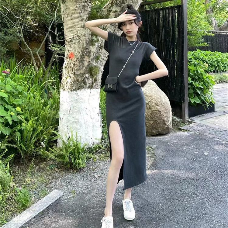 Lengthened mid-length over-the-knee waist slimming cotton straight casual short-sleeved T-shirt dress summer for women