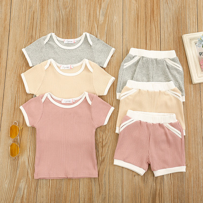 2021跨境亚马逊ins夏季新款童装两色坑条拼接男女童套装|ms