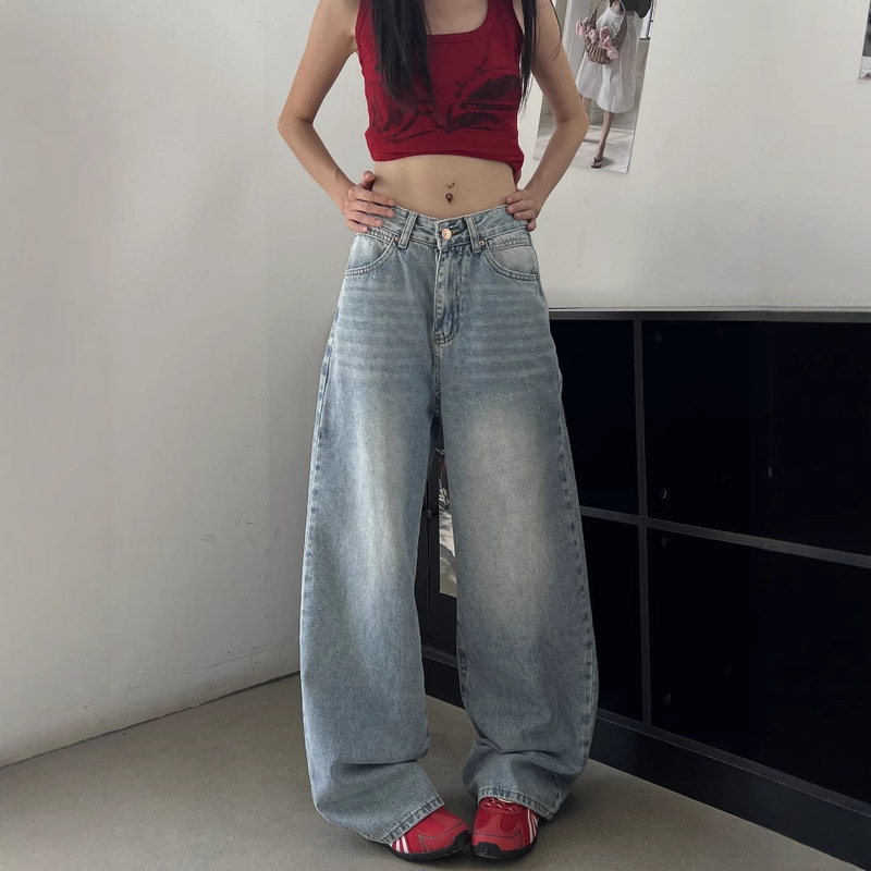 Vintage American-Style Washed Light Blue Denim Wide-Leg Pants for Women Early Spring Loose High-Waisted Straight-Leg Floor-Length Pants for Women Vintage American-Style Washed Light Blue Denim Wide-Leg Pants for Women Early Spring Loose High-Waisted Straight-Leg Floor-Length Pants for Women