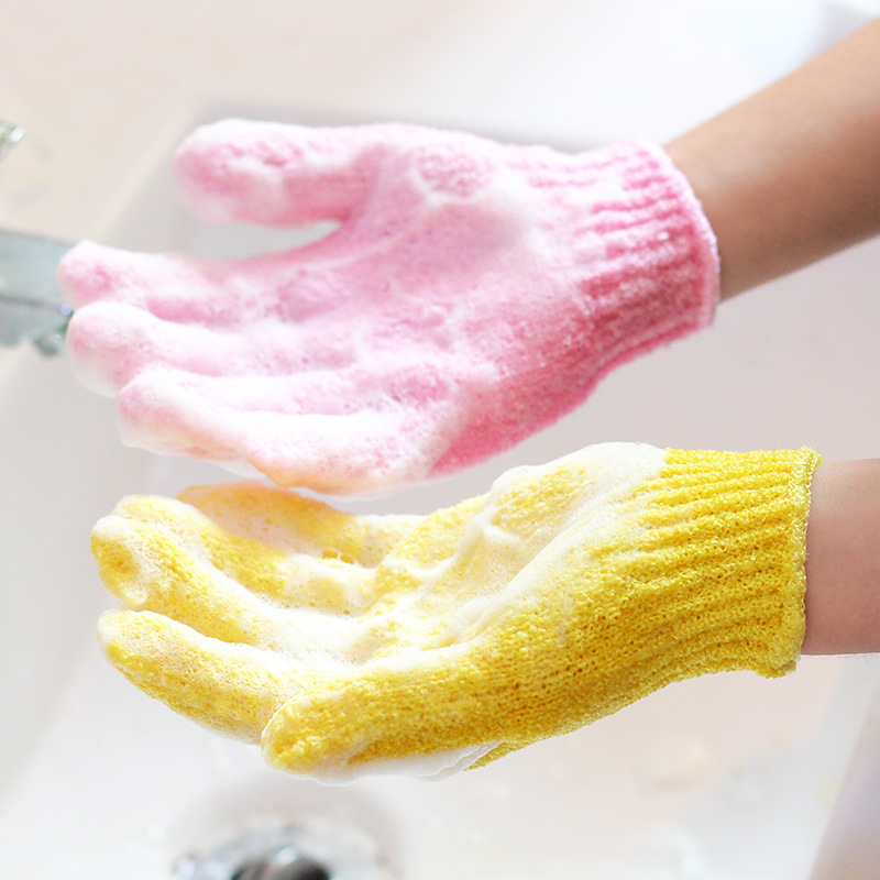 Guantes de baño abrasivos de cinco dedos, toallas de baño para adultos, toallas de espalda para exfoliar la piel muerta.