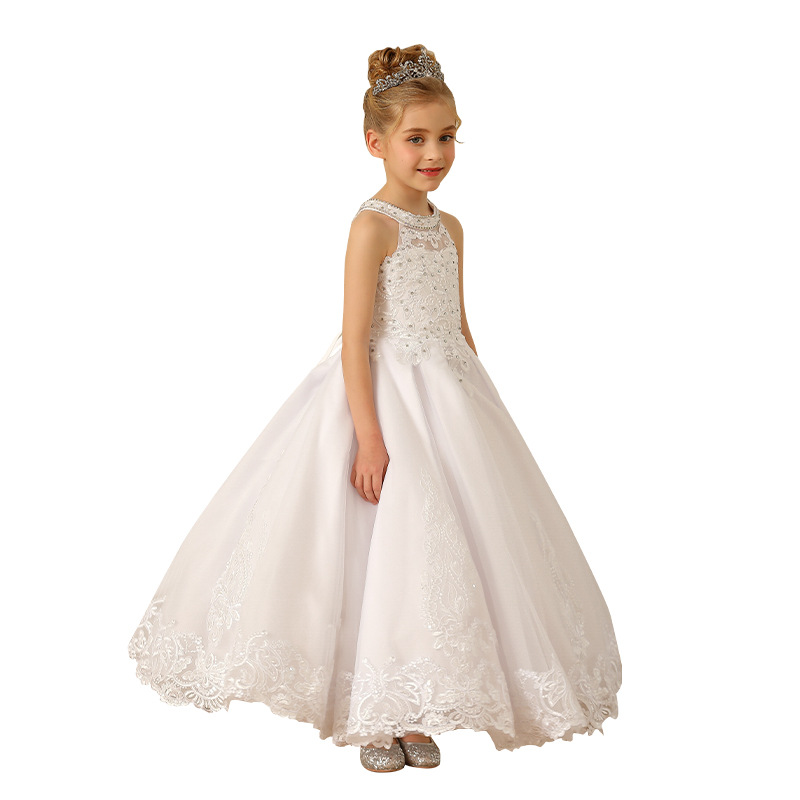Robe de communion pour fille, sans manches, dos nu, en dentelle, style princesse, avec nœud brodé et longue traîne._voghion.com