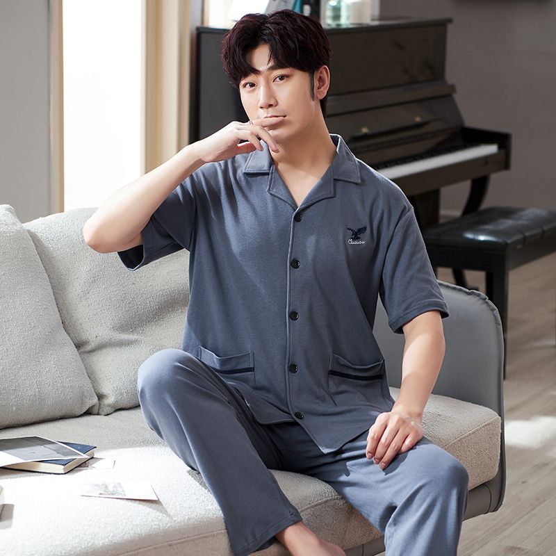 Pijamas pantalones de manga corta para hombres algodón verano delgado cardigan solapa ropa para el hogar más traje de tamaño