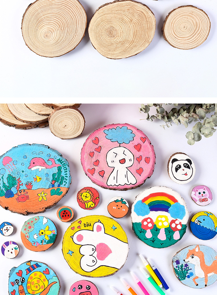 diy手绘圆木片幼儿园手工材料儿童木片画木桩年轮杯垫装饰材料画-阿里巴巴