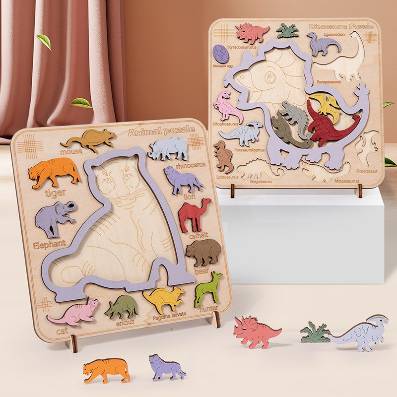 Los niños educativos dinosaurio animal tridimensional rompecabezas de madera forma Juego rompecabezas cognitivo educación temprana montaje bloques de construcción de juguete