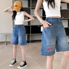 Girls' denim shorts summer 2024 new style five-point pants medium and large children's thin summer children's clothing medium pants