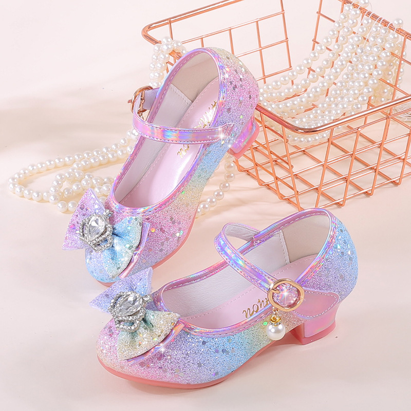 Girls' High Heels Children's Rainbow Princess Shoes Spring and Autumn New Style Little Girls' Single Shoes Large Children's Crystal Shoes Leather Shoes