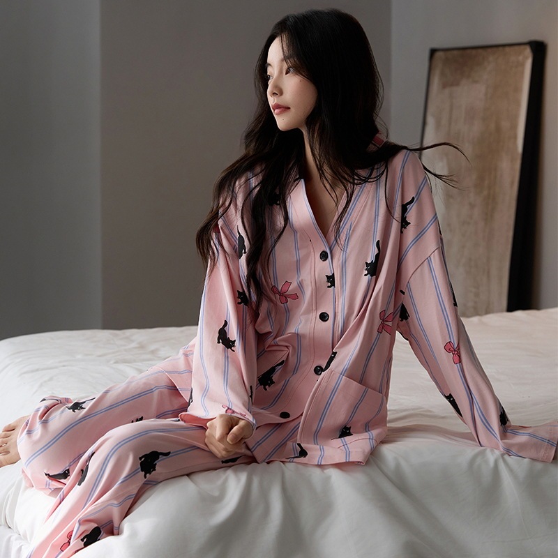 睡衣女春季秋冬款纯棉2025长袖V领加大码开衫休闲波点家居服套装|undefined
