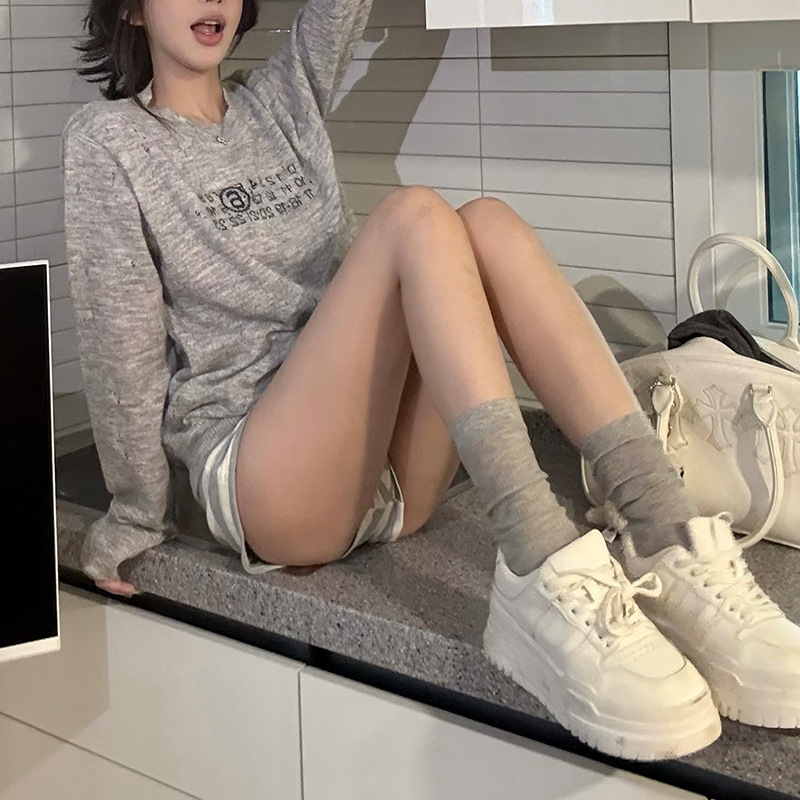 【松弛密码】针织衫女秋破洞印花灰色宽松圆领套头上衣|undefined