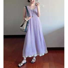 紫色镂空针织无袖吊带连衣裙女夏季韩系叠穿罩衫宽松显瘦背心长裙
