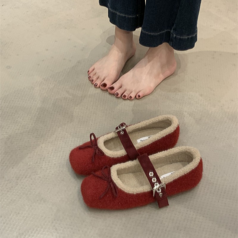 Retro red insulated winter keep warm Mary Jane shoes with bow…