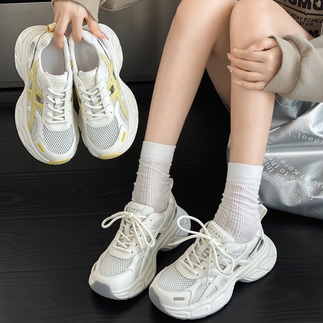 厚底真皮网面镂空老爹鞋女2025夏季新款超轻不累脚百搭运动休闲鞋