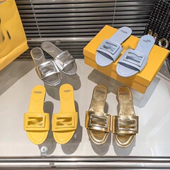 In stock! 2023 Summer New Style F Family Slippers Women's Outdoor Flat Bottom Letter Buckle One-Word Candy Color Flip Flops 