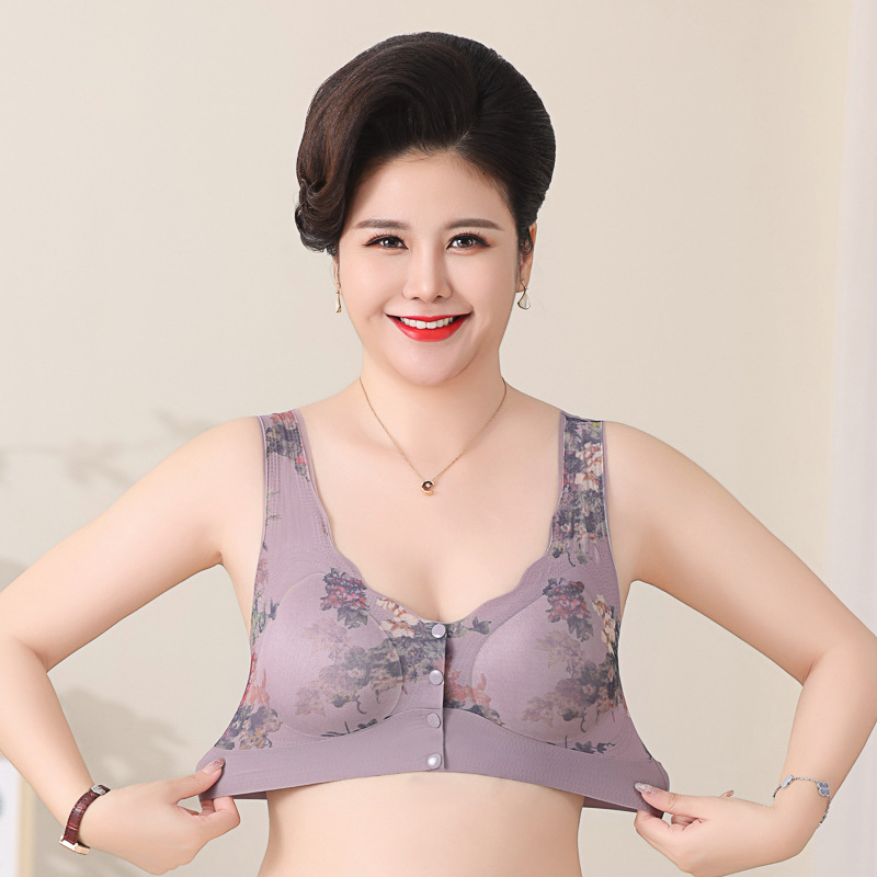 Middle-aged and Elderly Underwear Women's Front Open Button plus size Push-up Anti-sagging Bra No-trace Printed Underwear Women's Top-up Comfortable