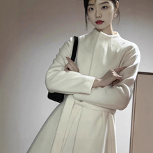 2024秋冬高定版发财宅女同款安妮海瑟薇白色羊毛大衣女